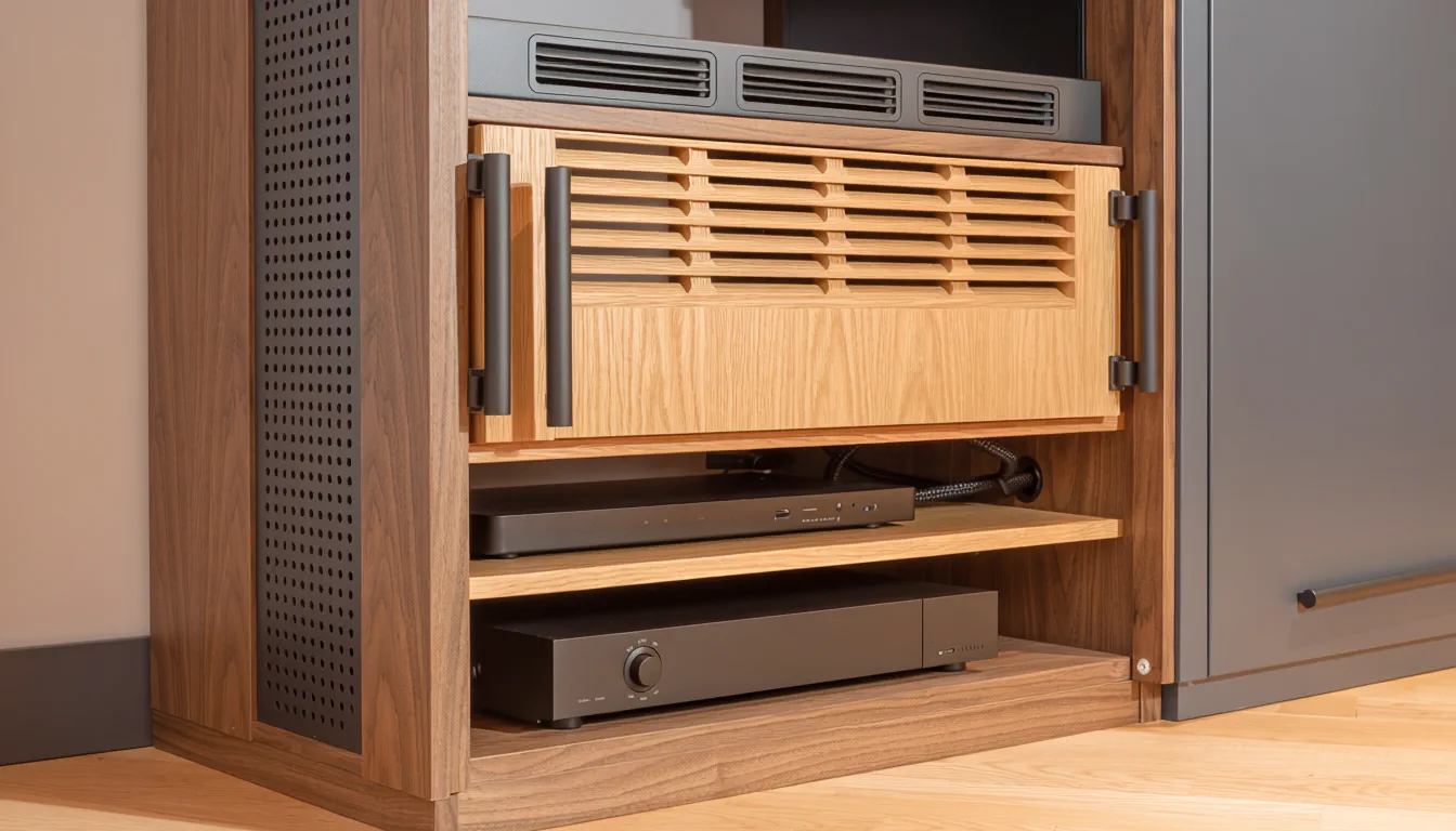 Built-in media wall with mixed wood and matte black hardware