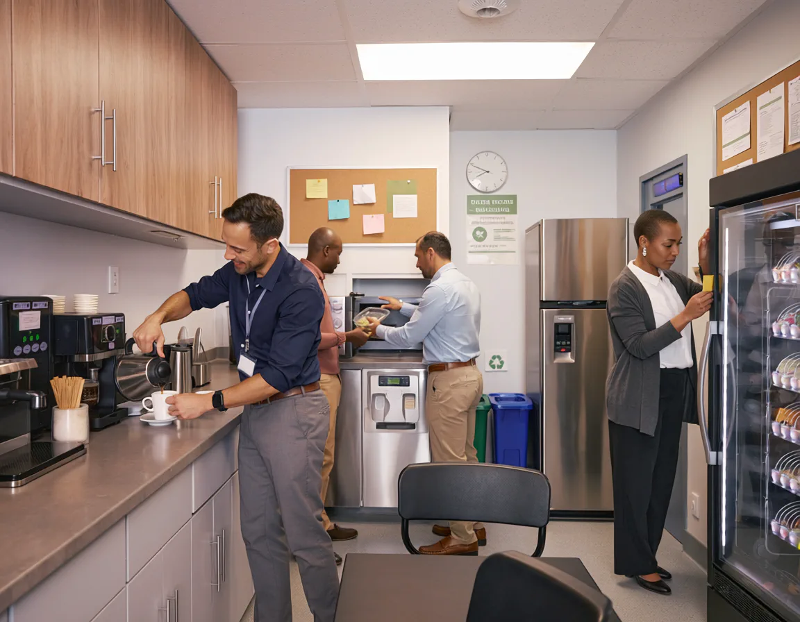 Commercial break room cabinetry with integrated appliance storage