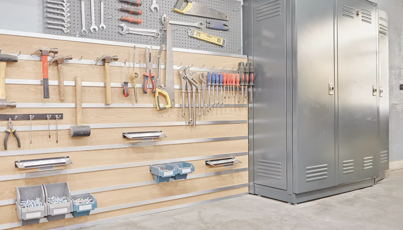 Garage cabinet system with tool storage and slat wall