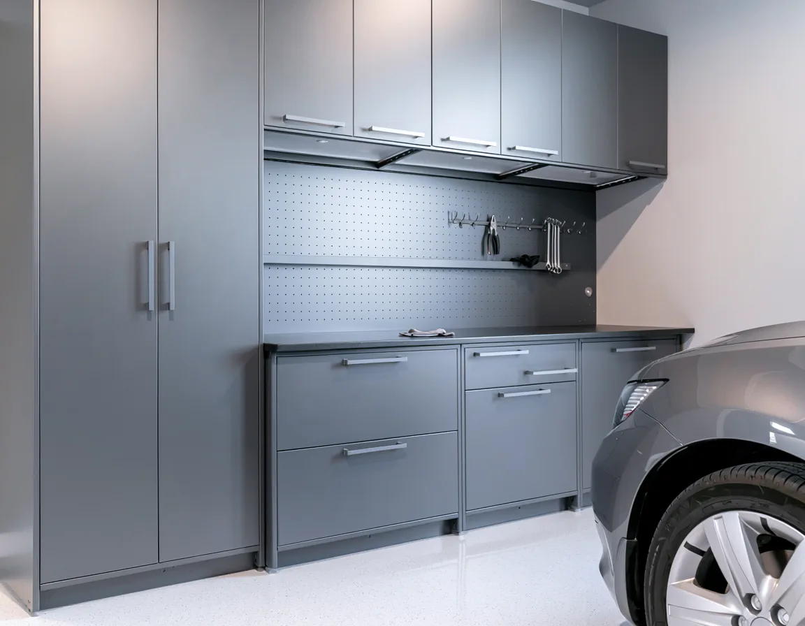 Powder-coated steel garage cabinet storage system